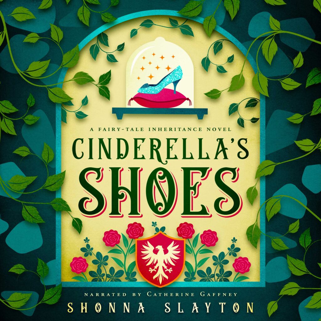 Illustrated book cover for Cinderella's Shoes showing a window with  red roses along the bottom, a family crest on a shield, and at the top on a shelf is a pillow with a glittery shoe.