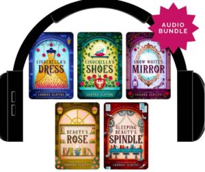 giant headphones surrounding five book covers from the Fairy-tale Inheritance Series. A pink starburst with text: Audio Bundle