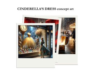 Title: Cinderella's Dress concept art
Images: 3 images in polaroid format stacked on top of each other. The top image shows a gold ballgown in a department store window with a young woman outside looking in. The other images are obscured, but show glimpses of red umbrellas and a city street scene with a trunk open and glowing.